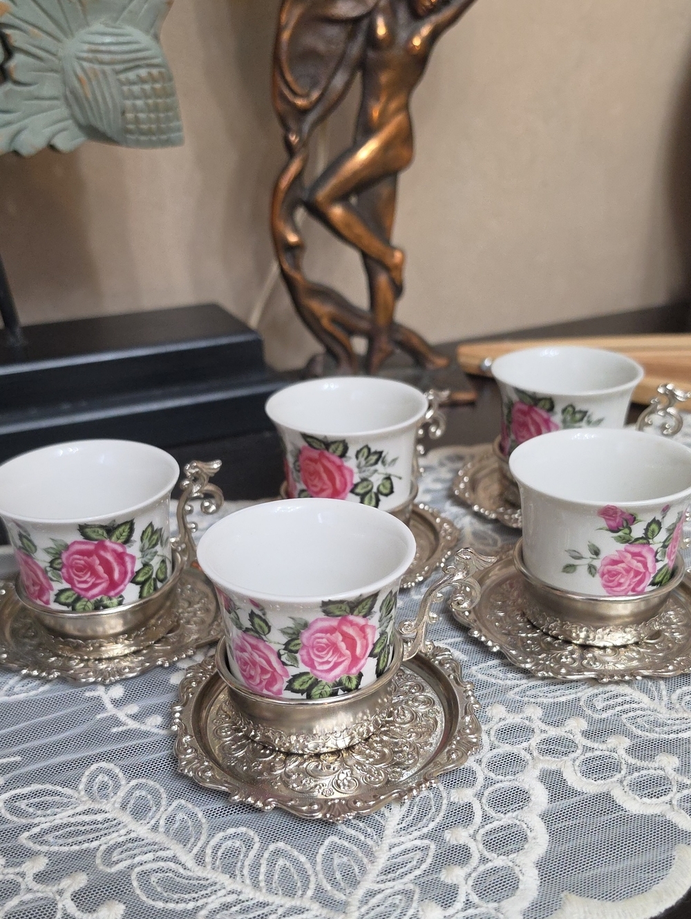 Vintage Floral Porcelain Espresso Cup Set with Silver-Tone Saucers - Pink Rose